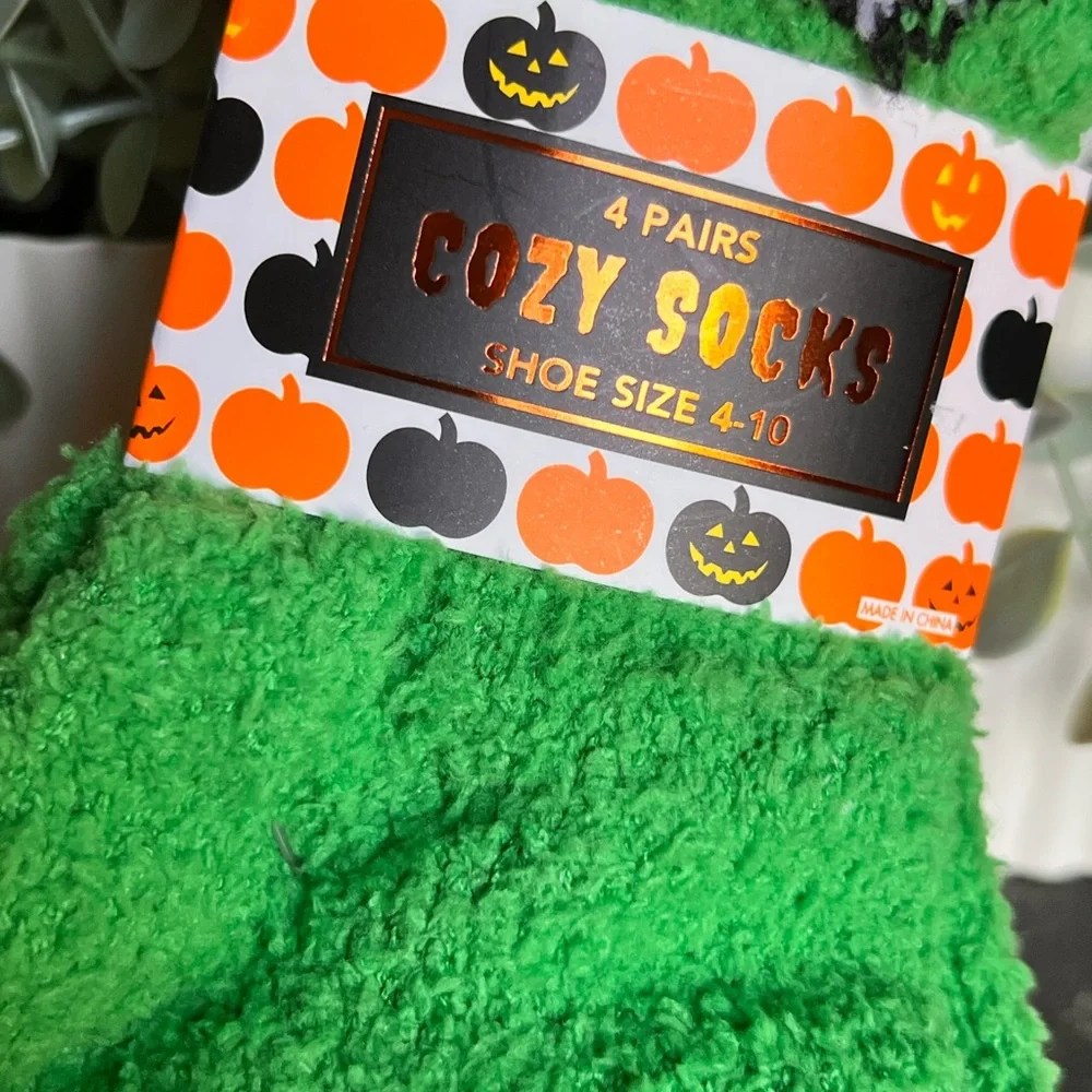 Cozy Socks Halloween Green Fuzzy Socks - 4 Pairs